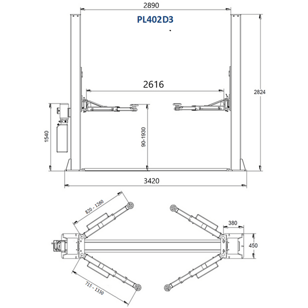 Hidraul. dviejų kolonų keltuvas su mech. saugumo fiksatoriais (3 pakopų letenos), 4.0t 220V 1