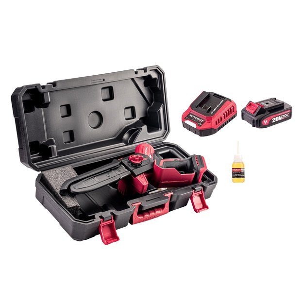 Akumuliatorinis grandininis mini pjūklas 8&rdquo; su teleskop. prailg. WORCRAFT 20V LI-ION