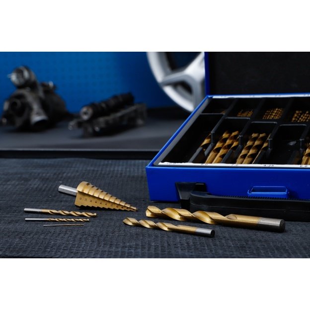 Grąžtų ir pakopinės frezos rinkinys | HSS | titano nitridas | 1 - 10 mm | 119 vnt. 4