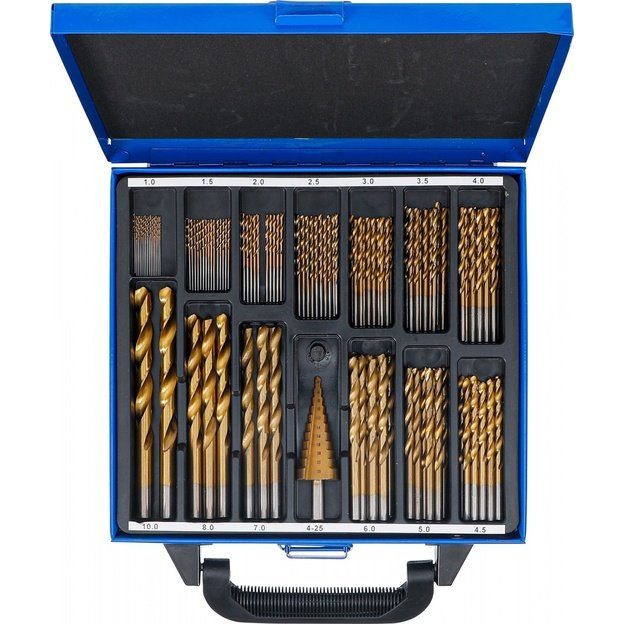 Grąžtų ir pakopinės frezos rinkinys | HSS | titano nitridas | 1 - 10 mm | 119 vnt. 2