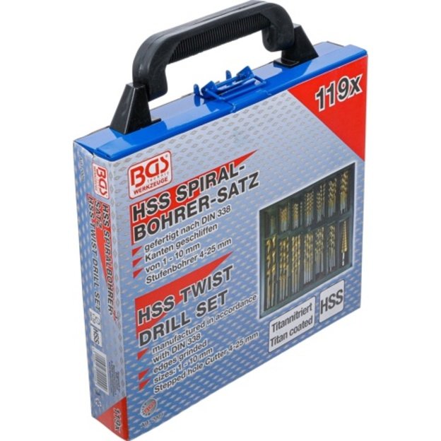 Grąžtų ir pakopinės frezos rinkinys | HSS | titano nitridas | 1 - 10 mm | 119 vnt. 5