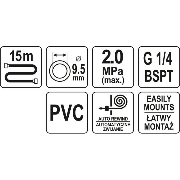 YATO YT-24250 Automatinė oro žarna su rite | 15 m | Ø9.5 mm | PVC 3