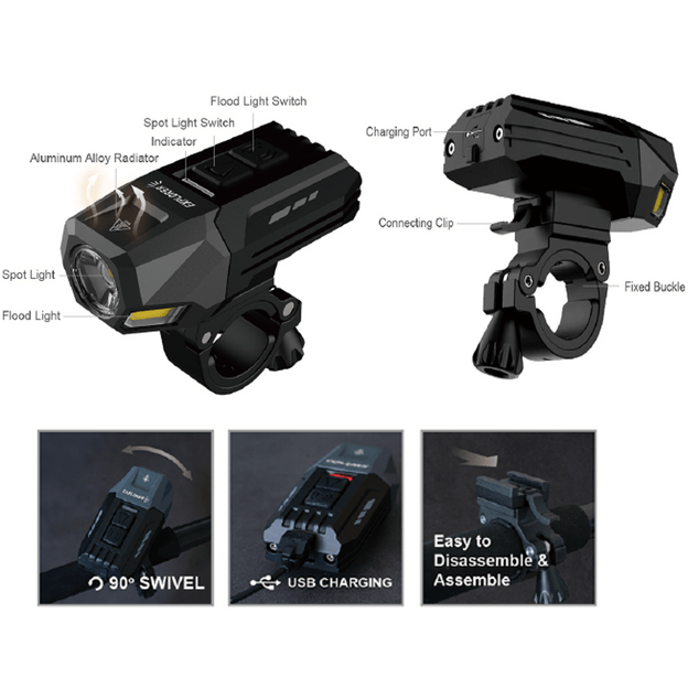 Dviračio priekinis žibintas P8+COB (4W) (įkraunamas) 1