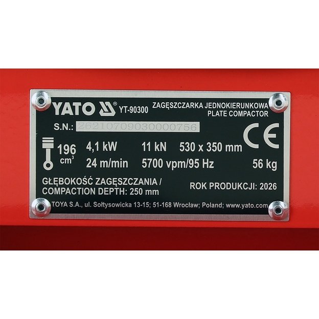 Vienkryptė vibroplokštė 11 kN | 6,5 AG | 530 × 350 mm | 56 kg | YATO YT-90300