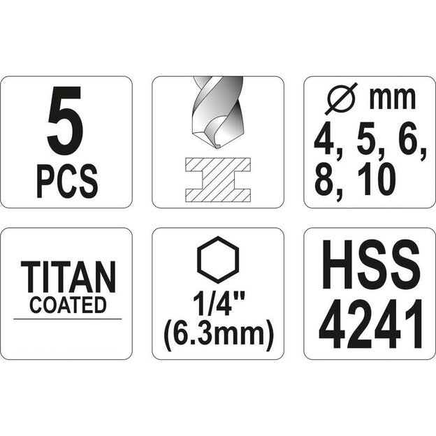 Grąžtų rinkinys HSS 1/4  (5vnt)(titano) 4.0-10.0mm