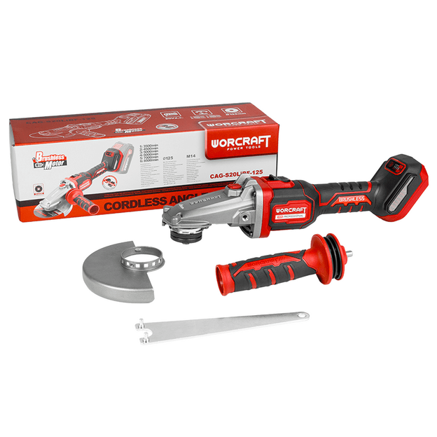 Li-ion Cordless brushless angle grinder (flat head) WORCRAFT 125mm 20V (without battery and charger)