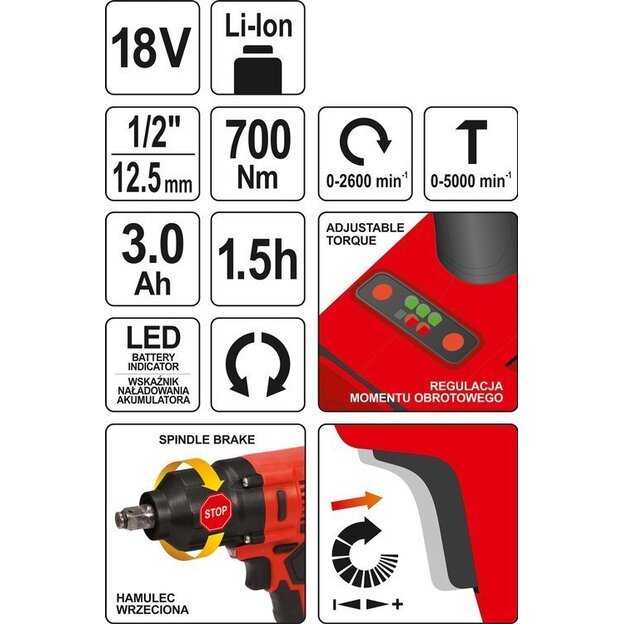 YT-82806 Smūginis veržliasūkis 18 V 1/2'' 700 NM 3.0Ah