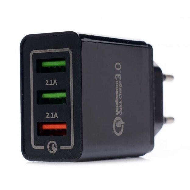 USB Įkroviklis su greitu įkrovimu 220V, 2x2.1A 1xQC3.0