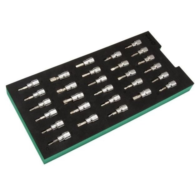 Padėklas. Galvučių su antgaliais rinkinys 3/8  (pl./PH/PZ/HEX/torx) 28vnt.