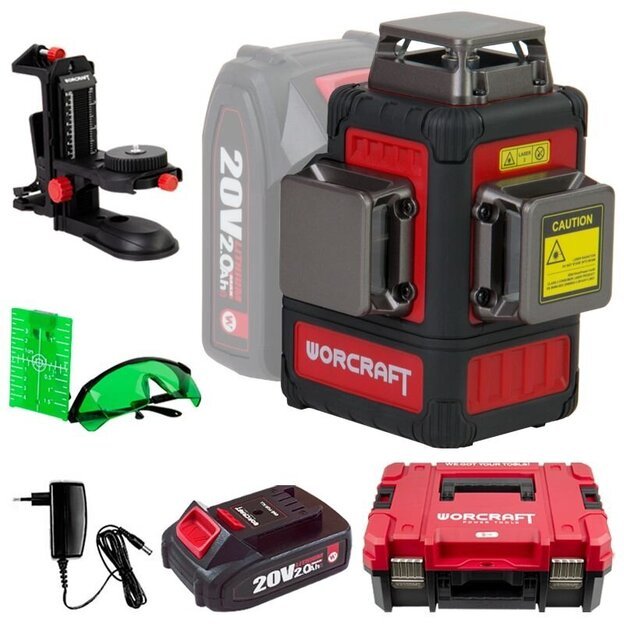 Akumuliatorinis kryžminių linijų nivelyro 3x3D rinkinys (žalias lazeris) 20V LI-ION (XCUBE dėžė) 2