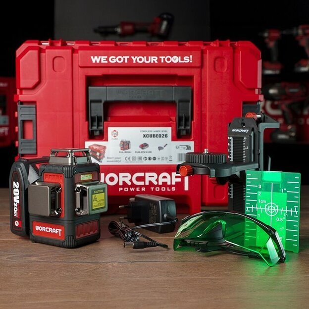 Akumuliatorinis kryžminių linijų nivelyro 3x3D rinkinys (žalias lazeris) 20V LI-ION (XCUBE dėžė) 8