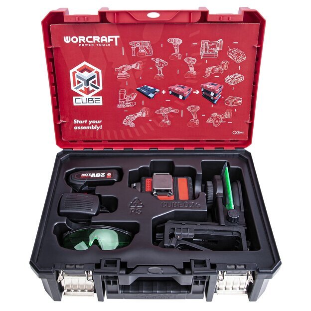 Akumuliatorinis kryžminių linijų nivelyro 3x3D rinkinys (žalias lazeris) 20V LI-ION (XCUBE dėžė) 1