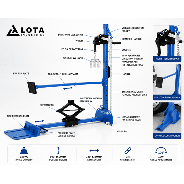 Kėbulo traukimo stovas su grandine 150 kg | 3 m grandinė | 120° reguliavimas | LOTA Industries