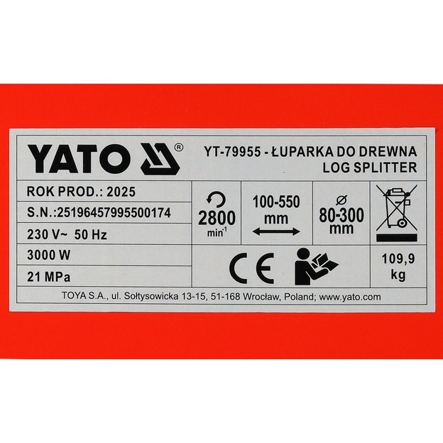 YATO YT-79955 vertikali hidraulinė malkų skaldyklė 8 t, 3000 W 5