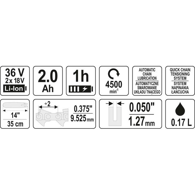 YATO YT-82812 Akumuliatorinis grandininis pjūklas | 14′′ 2 X 18V | 2 x 2,0AH