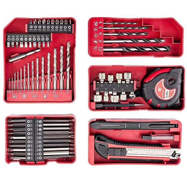 Akumuliatorinis suktuvas-gręžtuvas su kalimu WORCRAFT 20V LI-ION ir priedais 78vnt., 2x2.0Ah 5