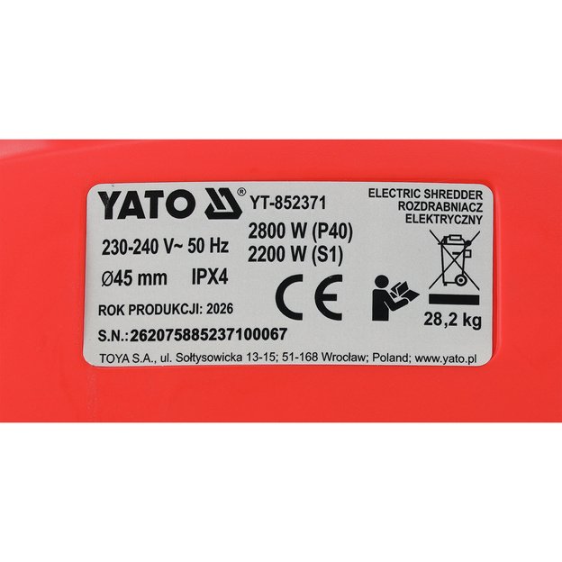 Elektrinis šakų smulkintuvas 2800 W, 45 mm, 55 l | YATO YT-852371
