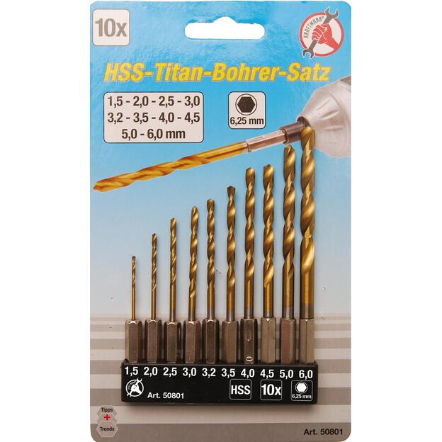 Grąžtų rinkinys su Hex 6.3 mm (1/4") galu | titano nitridas | 1.5 - 6 mm | 10 vnt. 