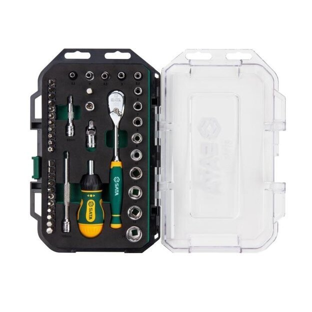 Galvučių ir antgalių rinkinys 1/4" 49 vnt. su 120 dantų terkšle 2