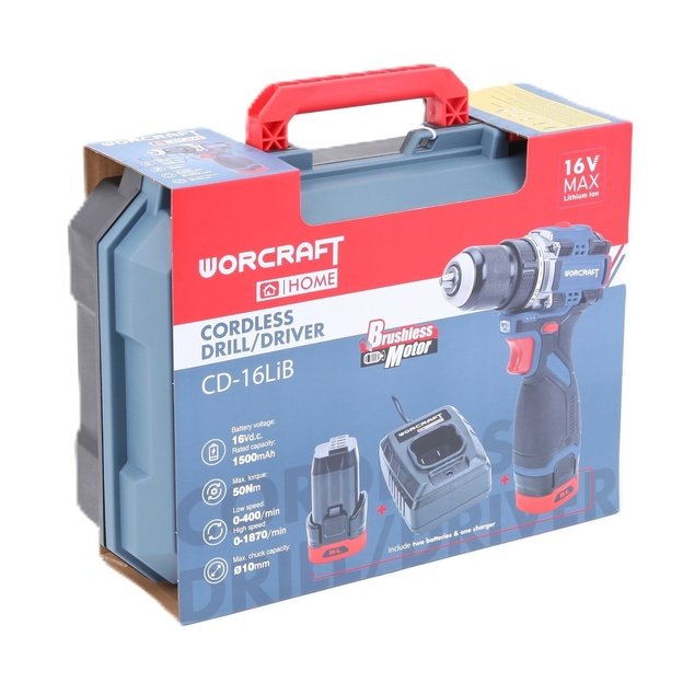 Akumuliatorinis suktuvas-gręžtuvas WORCRAFT su priedais 16.8V LI-ION (pl.dėž.)