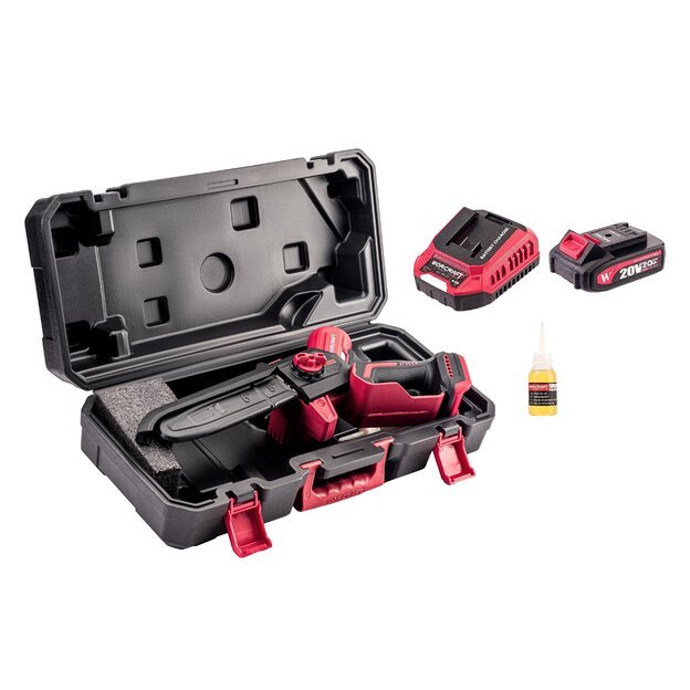 Akumuliatorinis grandininis mini pjūklas WORCRAFT 20V LI-ION 2.0Ah (pl.dėž.) 1