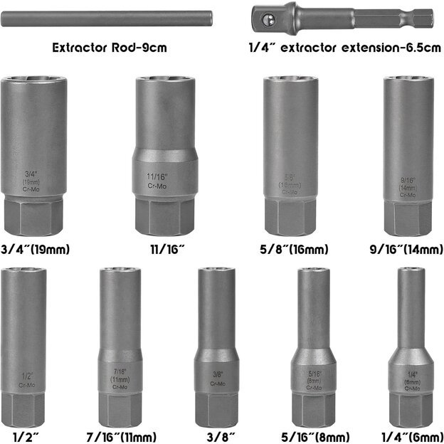 Pažeistų veržlių atsukėjų 3/8   rinkinys 11vnt. (6-19mm)