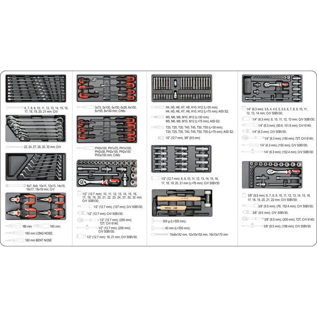 YATO YT-55300 Profesionali įrankių spintelė  177 įrankiai 6 stalčiai
