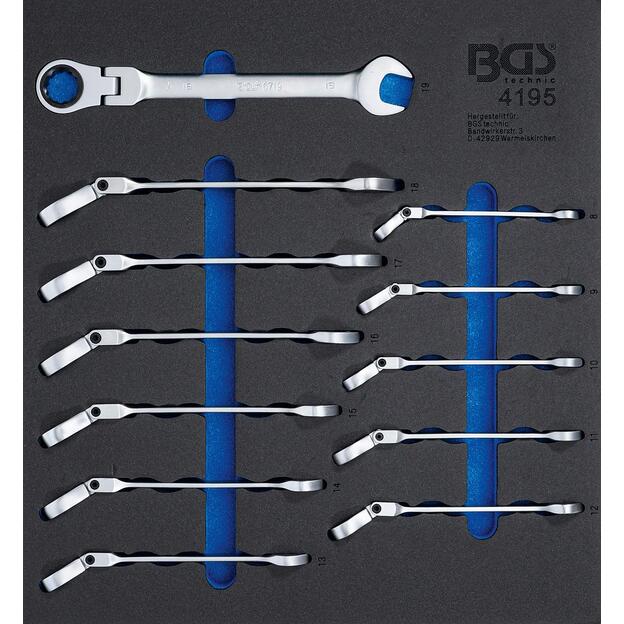 BGS 4195 Įrankių dėklas 2/3: Terkšliniai veržliarakčiai, šarnyriniai  8 - 19 mm  12 vnt. 