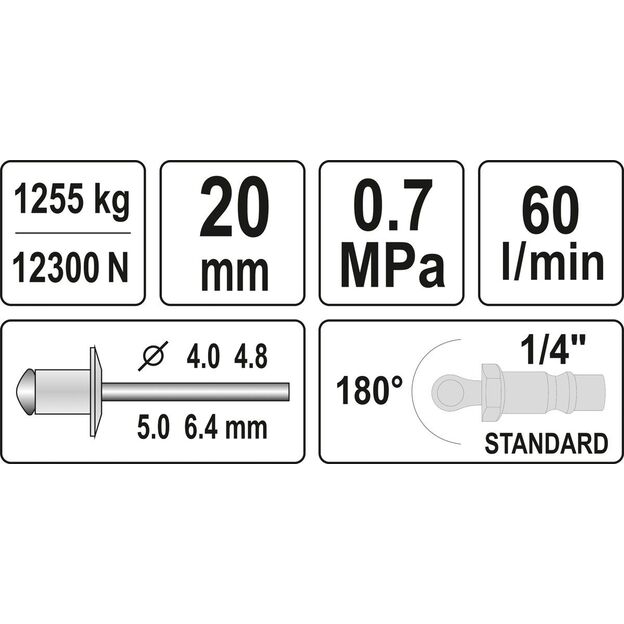 YATO YT-36177 Pneumatinis kniediklis 4 - 6,4 mm