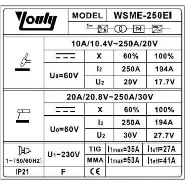 YOULI WSME250EI Suvirinimo aparatas  230V (IGBT) AC/DC, TIG/ MMA